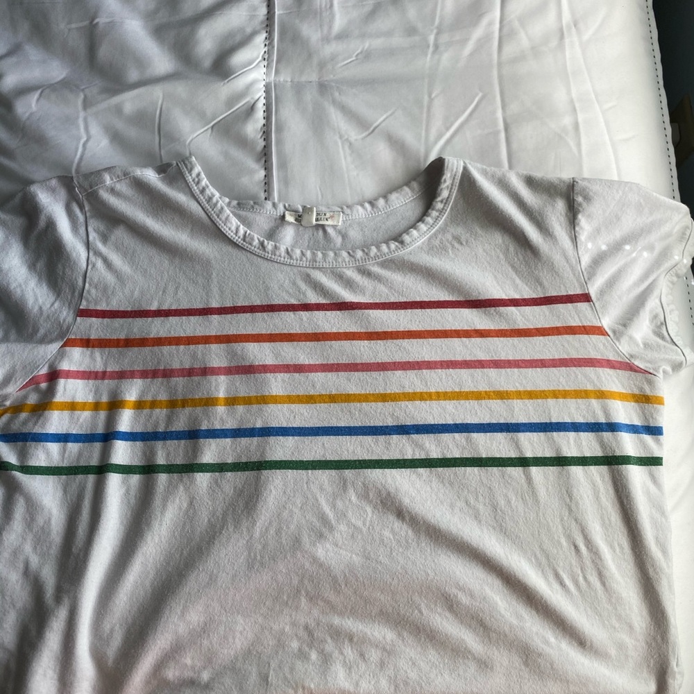white t shirt with rainbow lines